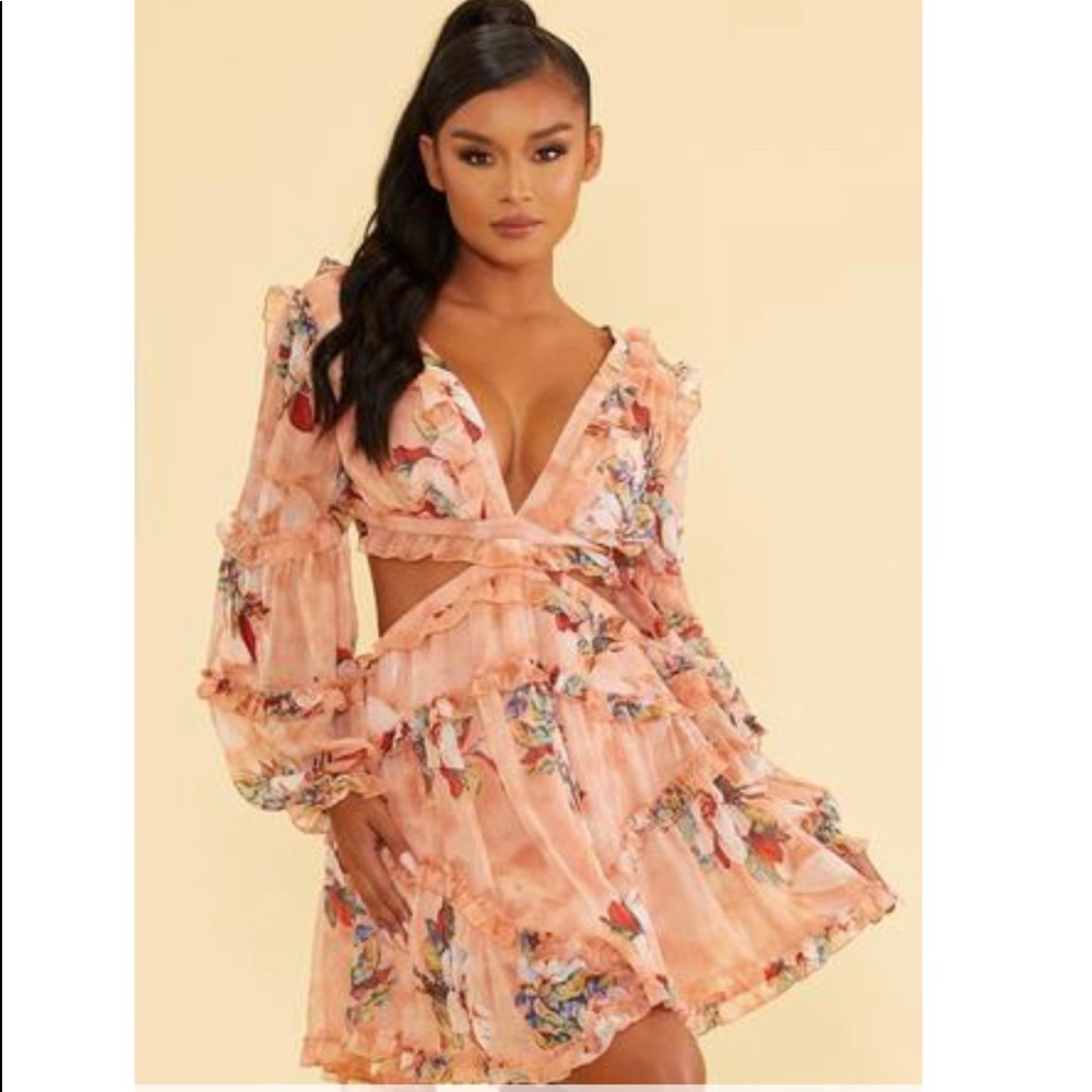 Luxxel Blush Floral Ruffle Cut-Out Corset Dress